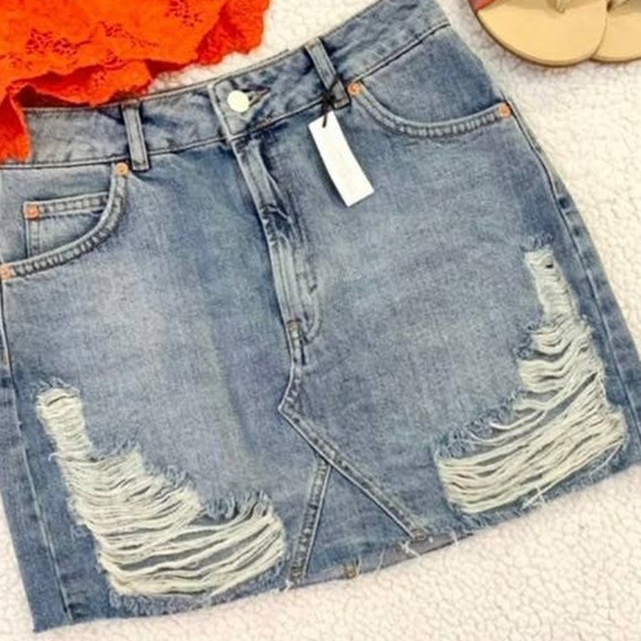 Topshop Dresses & Skirts - Topshop Deconstructed Denim Mini Skirt Mid Wash Frayed 10